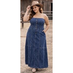 Y2K Denim Maxi Dress Women's 18 High Waist Corset Stretch Western Button Front